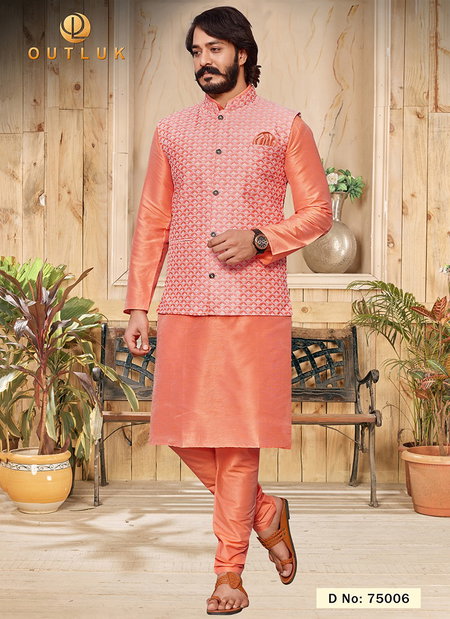 Peach Outluk Vol 75 Latest Designer Festive Wear Kurta Pajama With Jacket Collection 75006